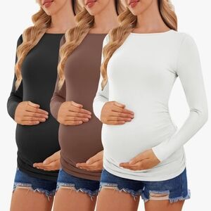Elegant Maternity Long Sleeve Tops - Black, Brown, and White